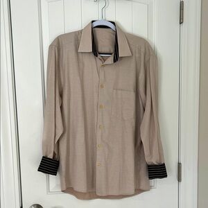 Marcello Sport, Sz L, light, brown Sm print, dark brown cuffs, button up shirt